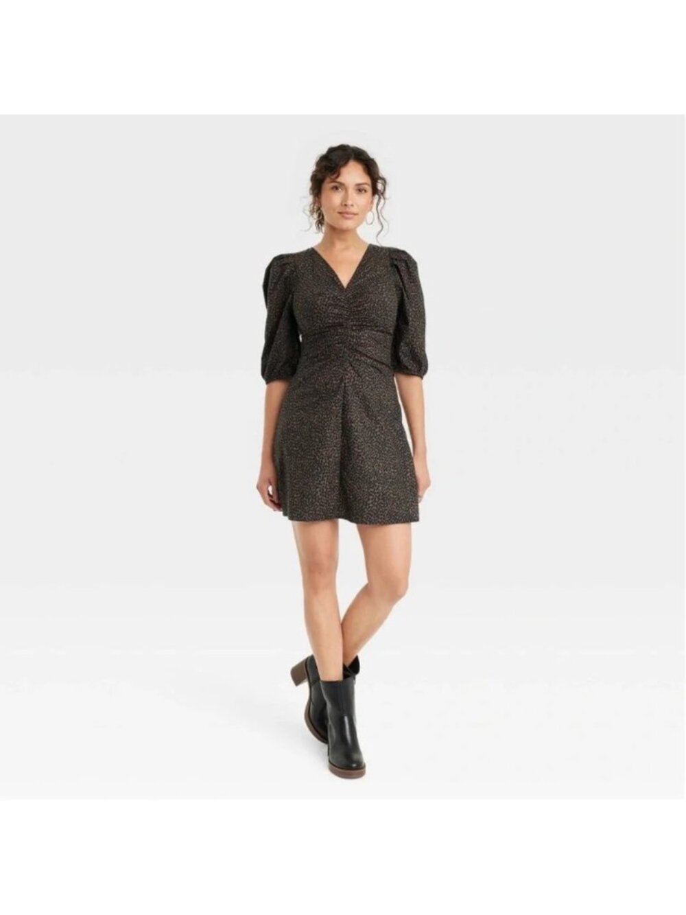 Universal Thread Mini Dress Women's Size 4 Dark Brown Animal Print Puff Sleeve